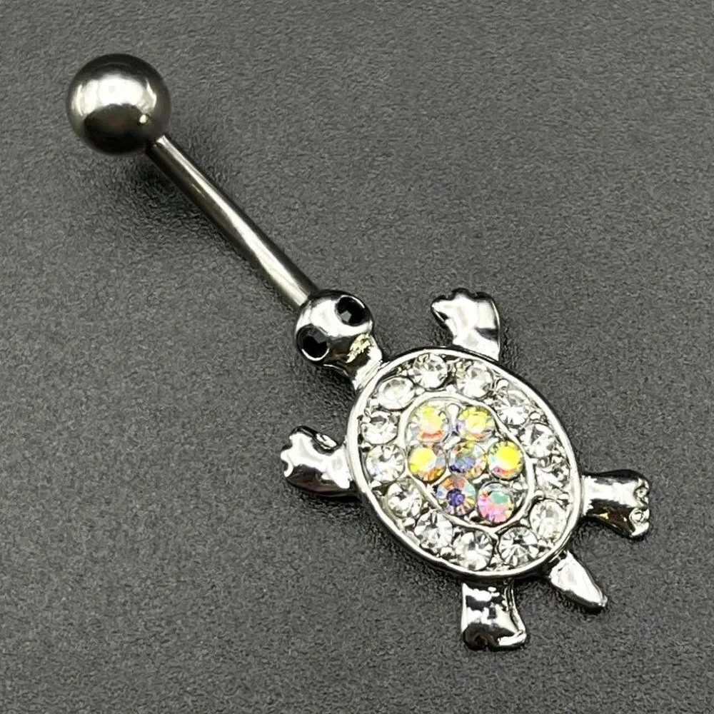 316L Stainless Steel with AB and Diamond Cubic Zirconia Sea Turtle Belly Ring